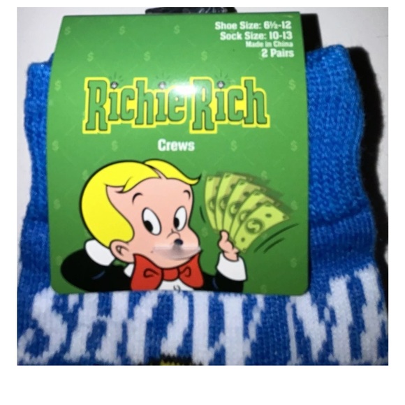 Richie $ Rich Crew Socks 2 Pair Men's 6.5-12 Blue Black w $ Harvey Comics NEW! - Picture 2 of 9